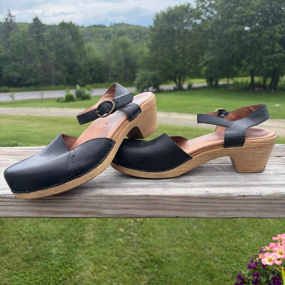 Dansko Slingback Clogs Wood-Look Black Leather Boho Scandi Minimalist US 10.5